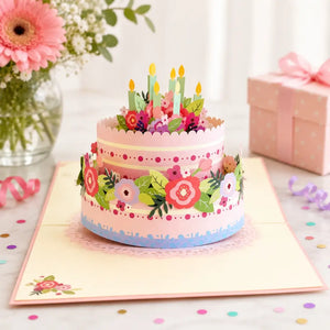 Giant Pink Floral Birthday Cake Pop Up Card