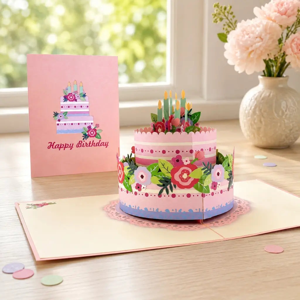 Giant Pink Floral Birthday Cake Pop Up Card