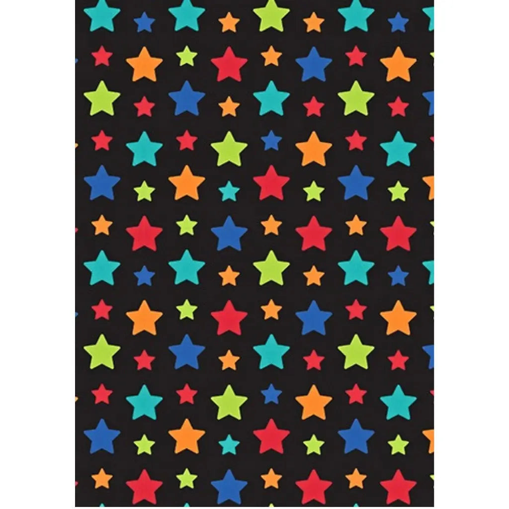 Folded gift wrap with colourful stars on a black background
