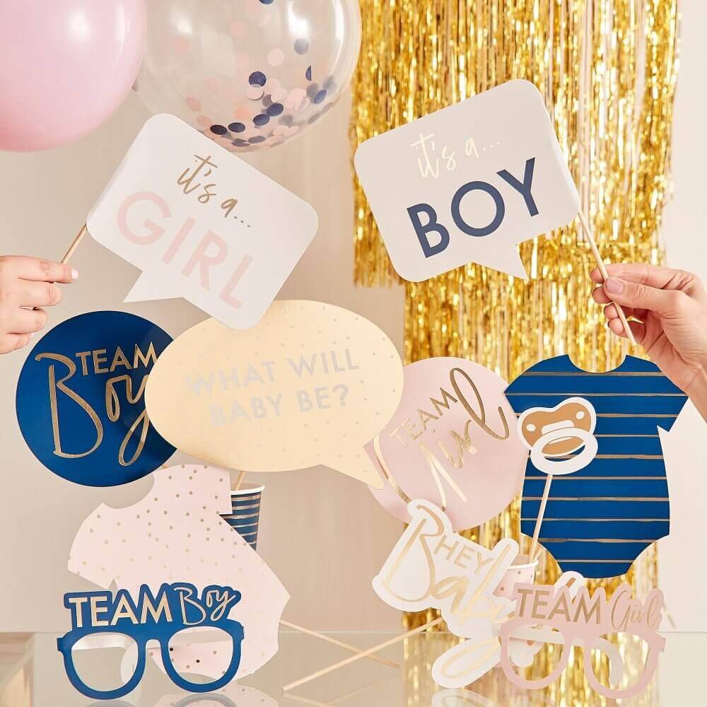 Funny Baby Gender Reveal - Team Boy or Girl Party Photo Booth Props Kit -  10 Piece