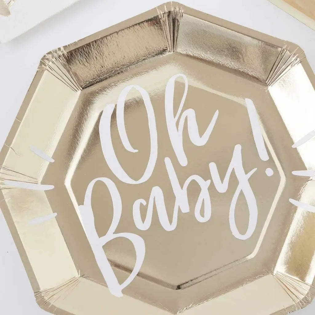 Gold Oh Baby Baby Shower Paper Plates 8pk Gender Reveal Tableware 