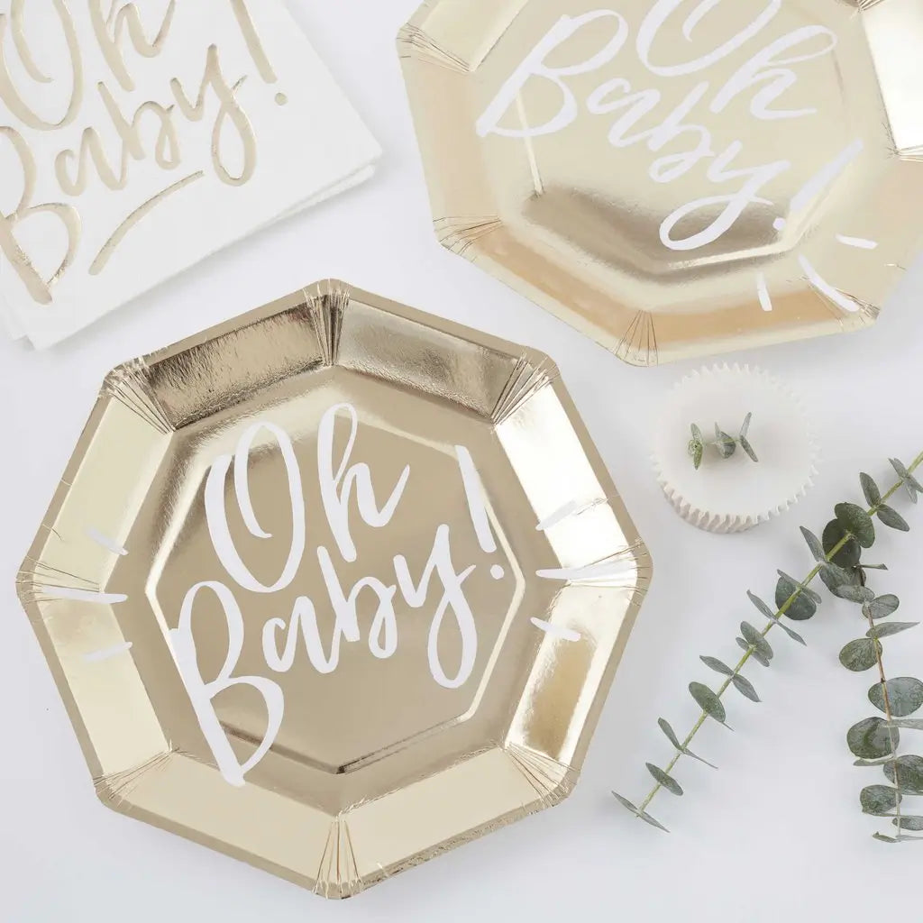 Gold Oh Baby! Baby Shower Octagonal Plates 8pk