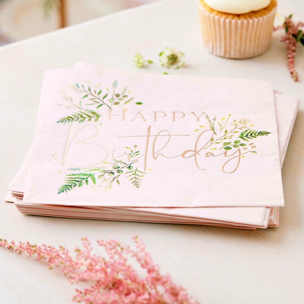 Floral Pink Happy Birthday Napkins 16 Pack