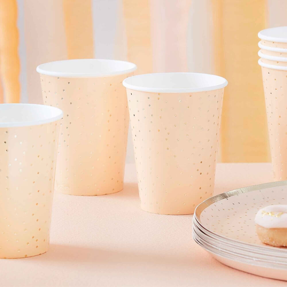 Peach & Gold Ditsy Dot Foiled Paper Cups 266ml