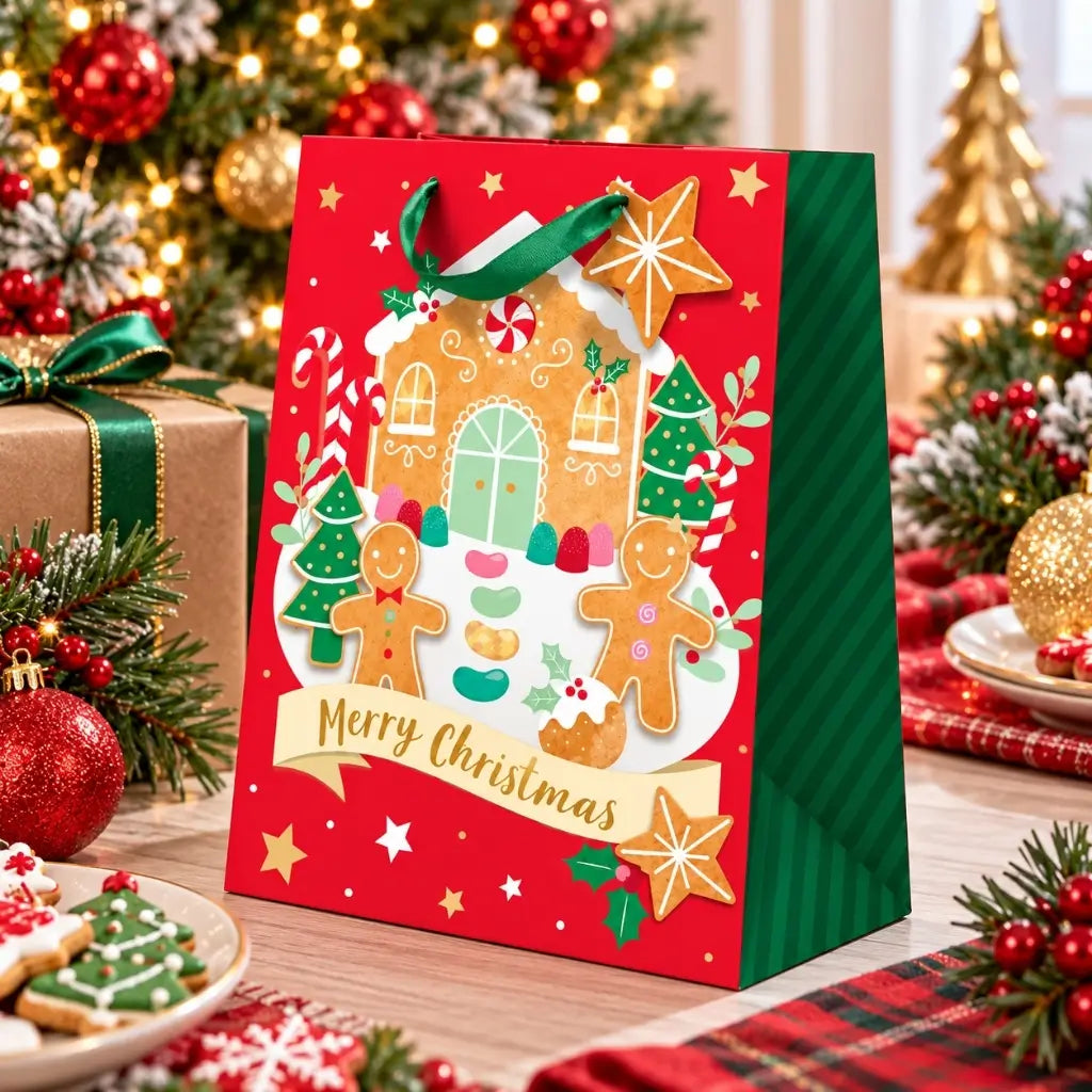 Red Christmas present bag featuring a colourful gingerbread house