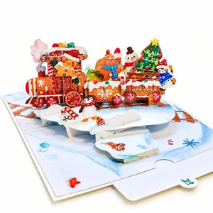 Gingerbread Christmas train 3D pop-up greeting card featuring festive characters and colourful train carriages