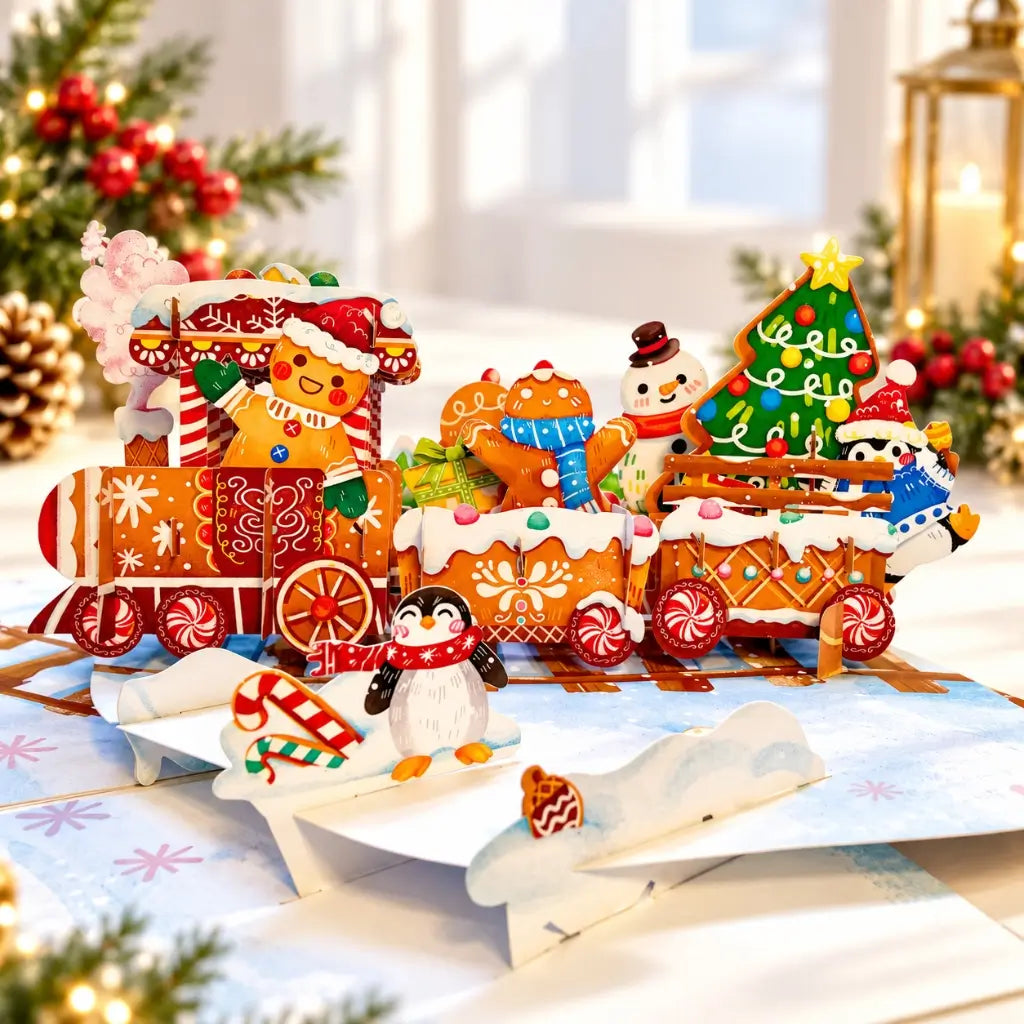 gingerbread Christmas train 3D greeting card displayed with festive Christmas decorations