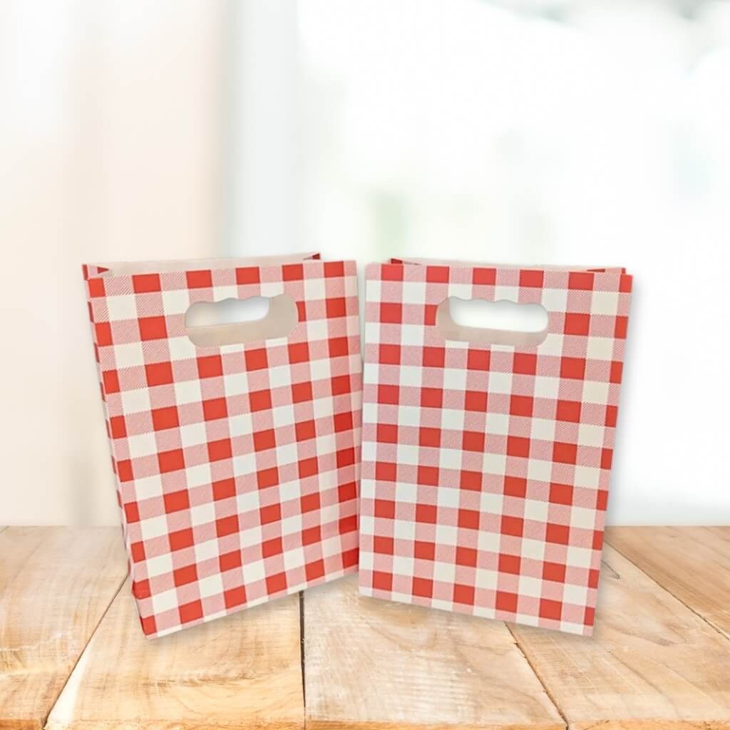 Red gingham paper party favour bag with handle