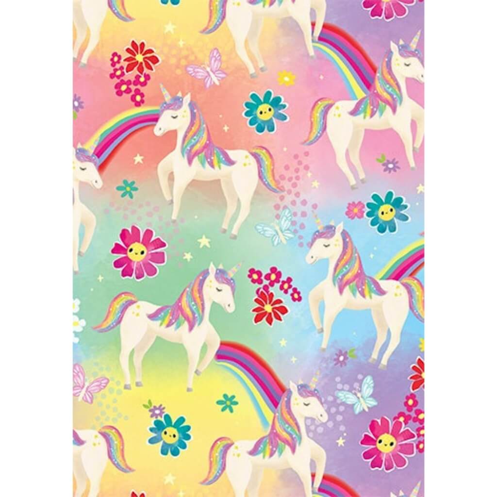 Girl Happy Unicorn folded gift wrap sheet with colourful unicorns and rainbows.