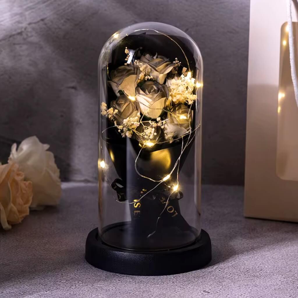 Forever Black Rose Bouquet in Glass Dome w/ LED Light