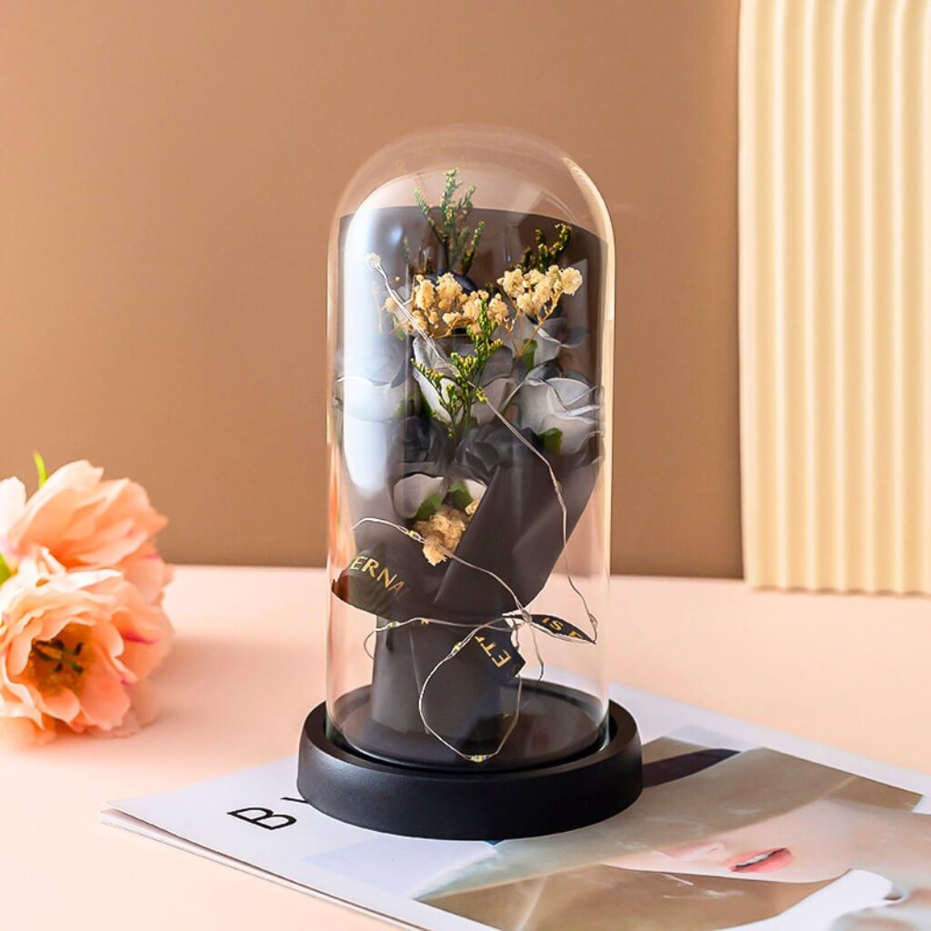 Forever Black Rose Bouquet in Glass Dome w/ LED Light