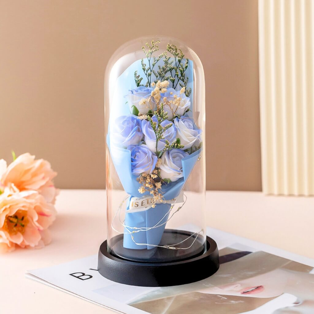 Forever Blue Rose Bouquet in Glass Dome w/ LED Light