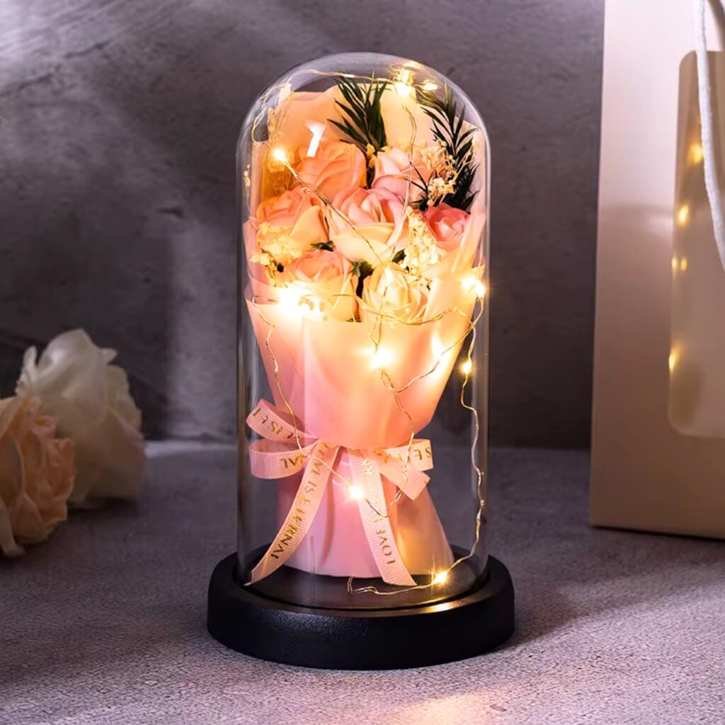 Forever Champagne Rose Bouquet in Glass Dome w/ LED Light