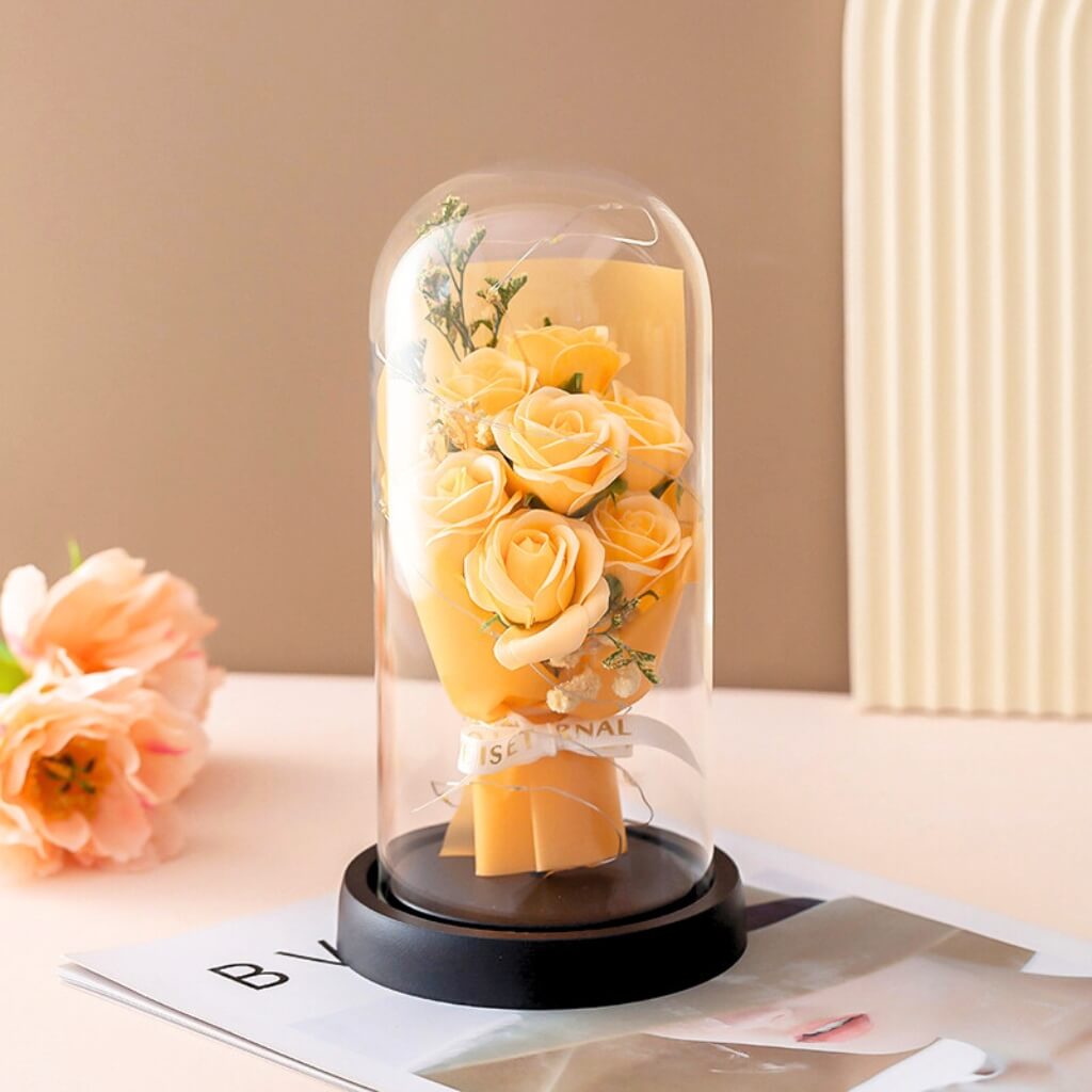 Forever Champagne Rose Bouquet in Glass Dome w/ LED Light