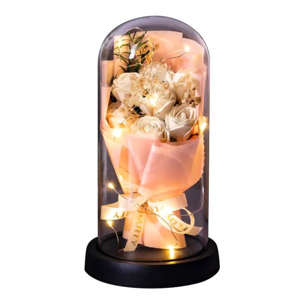 Forever Champagne Rose Bouquet in Glass Dome w/ LED Light
