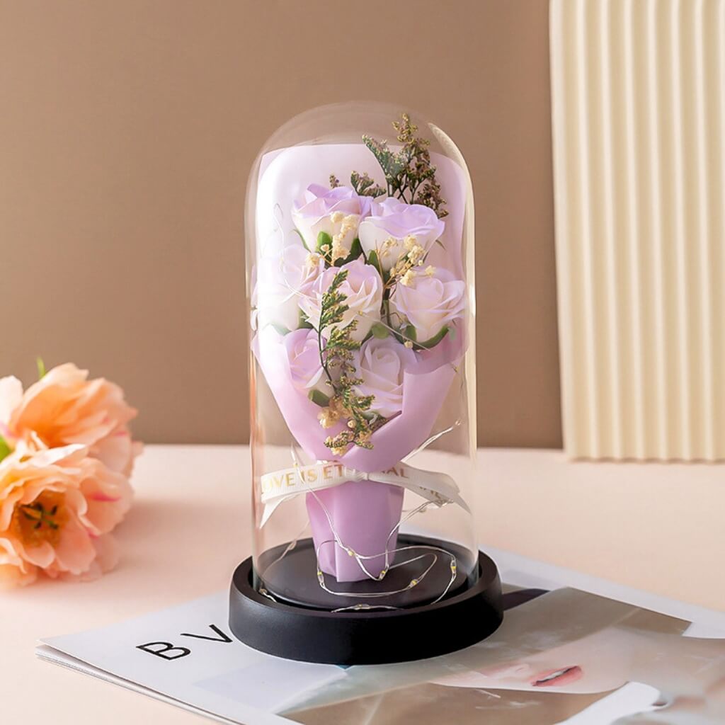 Forever Purple Rose Bouquet in Glass Dome w/ LED Light