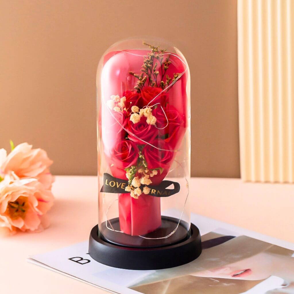 Forever Red Rose Bouquet in Glass Dome w/ LED Light