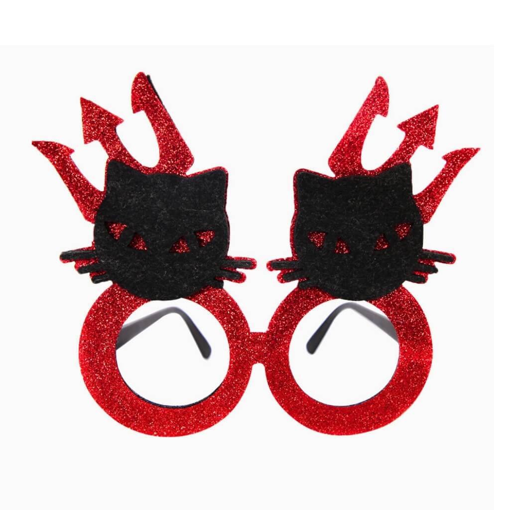 glitter Black Cat w/ Red Pitchfork Halloween Paper Glasses costumes eyewear accessories