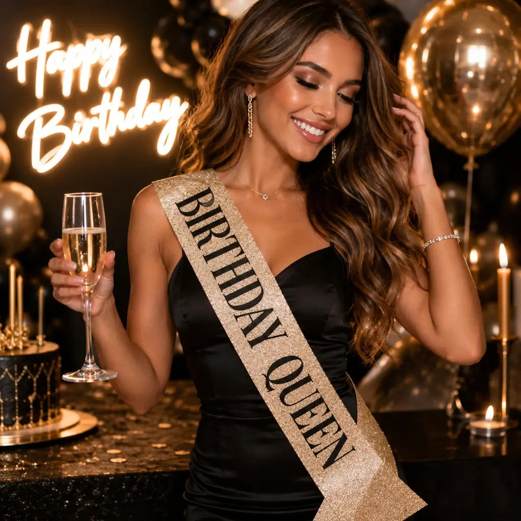 Deluxe Sparkly Glitter Champagne Gold BIRTHDAY QUEEN Party Sash - Black Foil Print