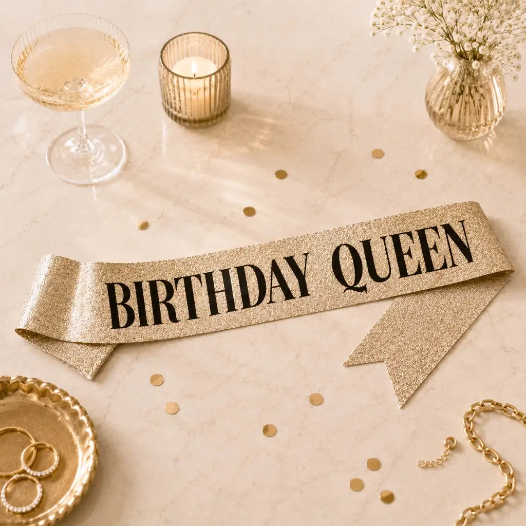 Deluxe Sparkly Glitter Champagne Gold BIRTHDAY QUEEN Party Sash - Black Foil Print