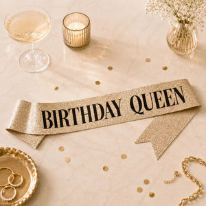 Deluxe Sparkly Glitter Champagne Gold BIRTHDAY QUEEN Party Sash - Black Foil Print