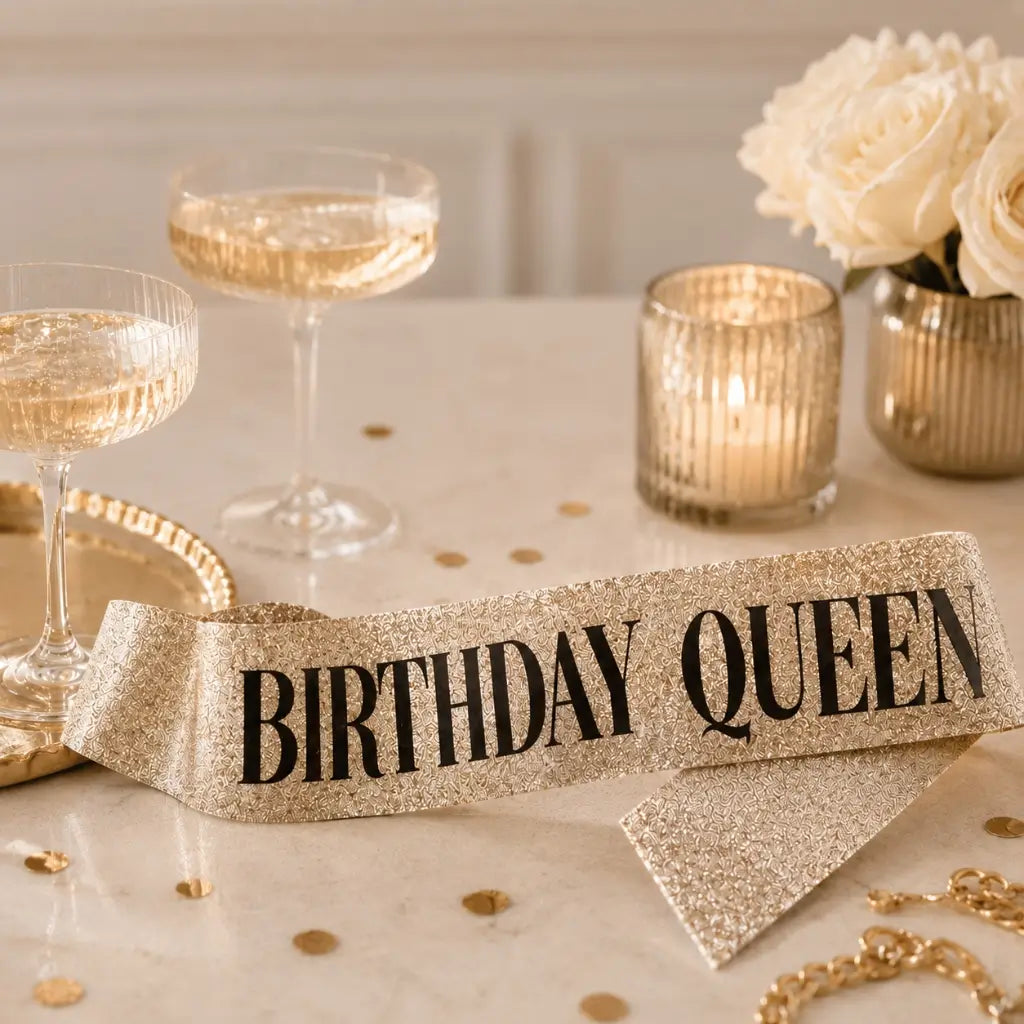 Deluxe Sparkly Glitter Champagne Gold BIRTHDAY QUEEN Party Sash - Black Foil Print