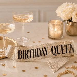 Deluxe Sparkly Glitter Champagne Gold BIRTHDAY QUEEN Party Sash - Black Foil Print