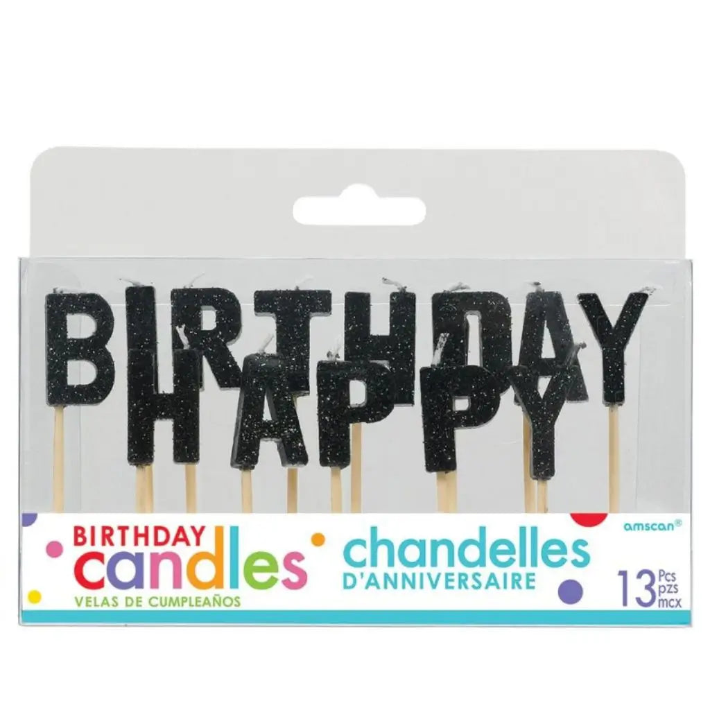 Glitter Black Happy Birthday Candles with plastic Picks