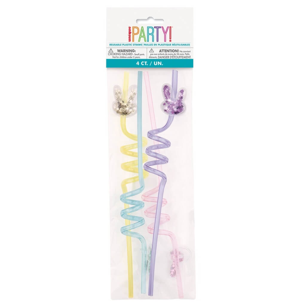 Glitter Bunny Reusable Plastic Spiral Straws 4pk