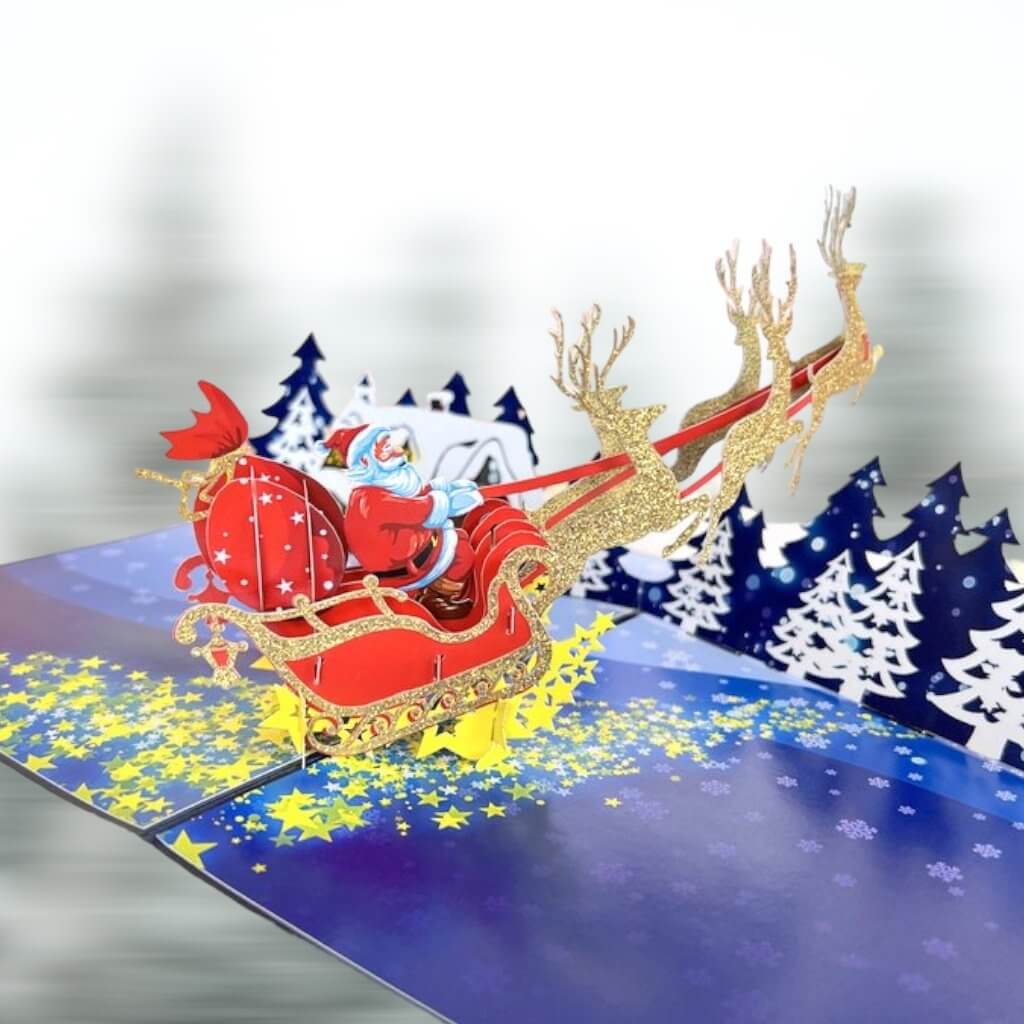 Handmade Glitter Santa On Sleigh Pop Up Christmas Card