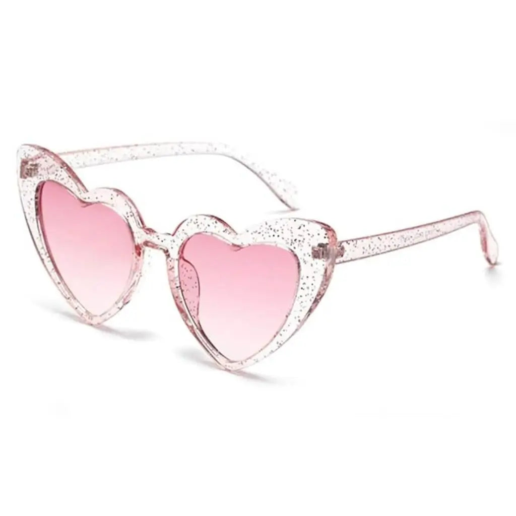 Glitter Clear love Heart Shaped Plastic Party Sunglasses - Pink Lenses