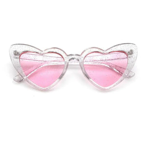 Glitter Clear love Heart Shaped Plastic Party Sunglasses - Pink Lenses