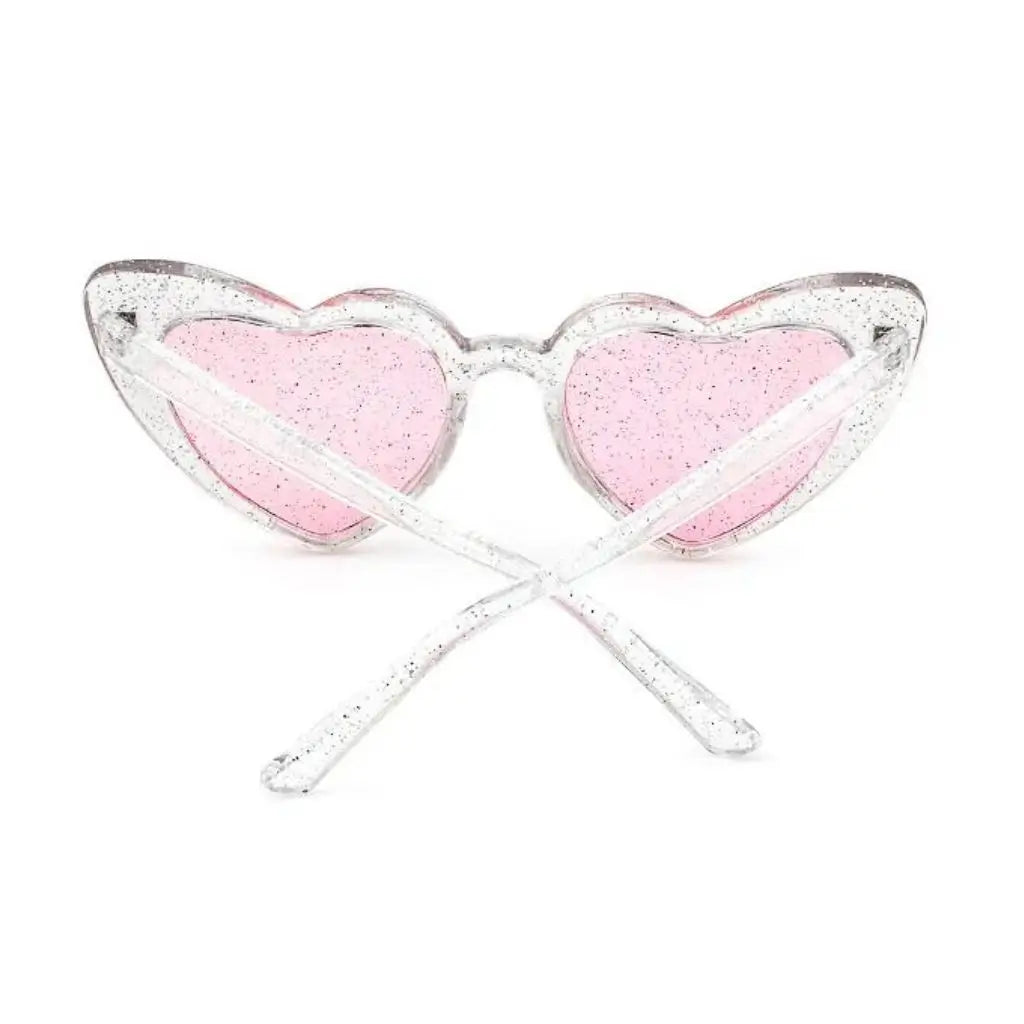 Glitter Clear love Heart Shaped Plastic Party Sunglasses - Pink Lenses