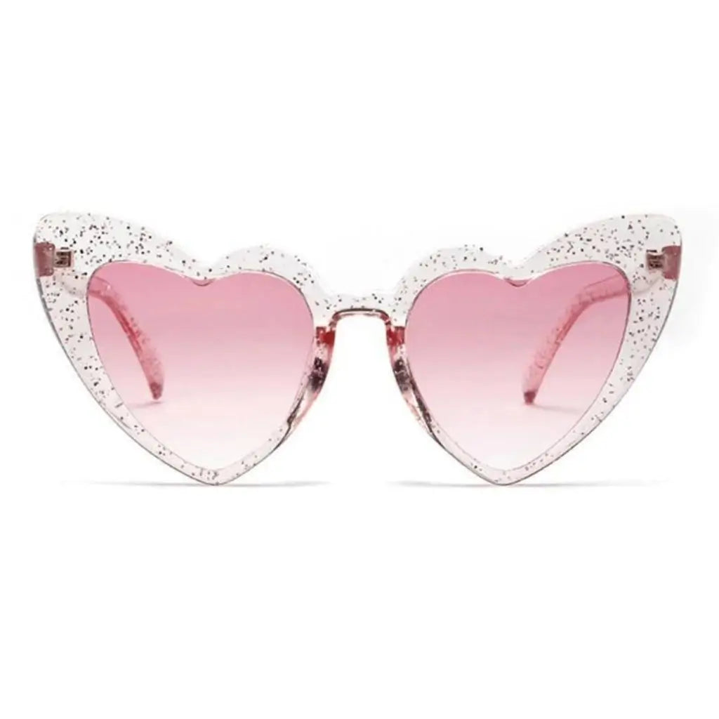 Glitter Clear love Heart Shaped Plastic Party Sunglasses - Pink Lenses