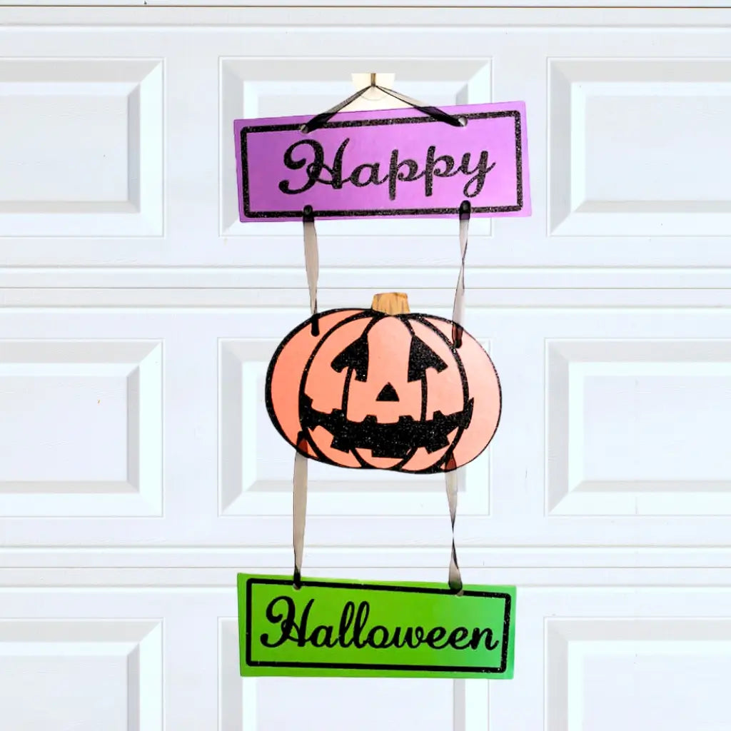 Glitter Happy Halloween Laughing Pumpkin Door Hanging Ornament