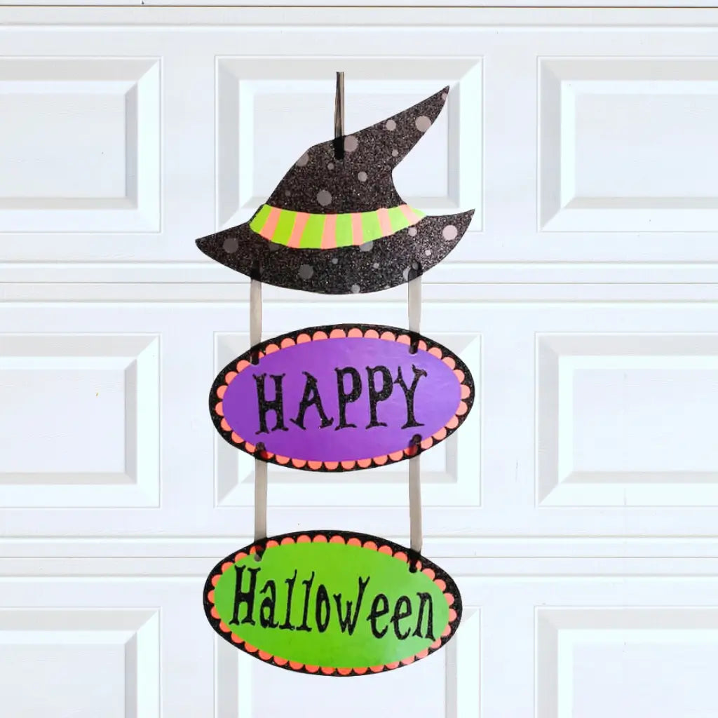 Glitter Happy Halloween Witch Hat Door Hanging Ornament