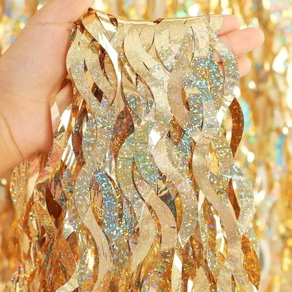 Laser Glitter Wavy Champagne Tinsel Fringe Foil Curtain