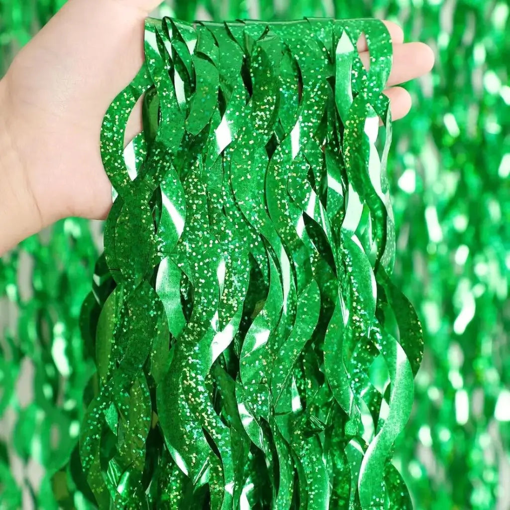 Laser Glitter Wavy Green Tinsel Fringe Foil Curtain Wall Backdrop Decoration