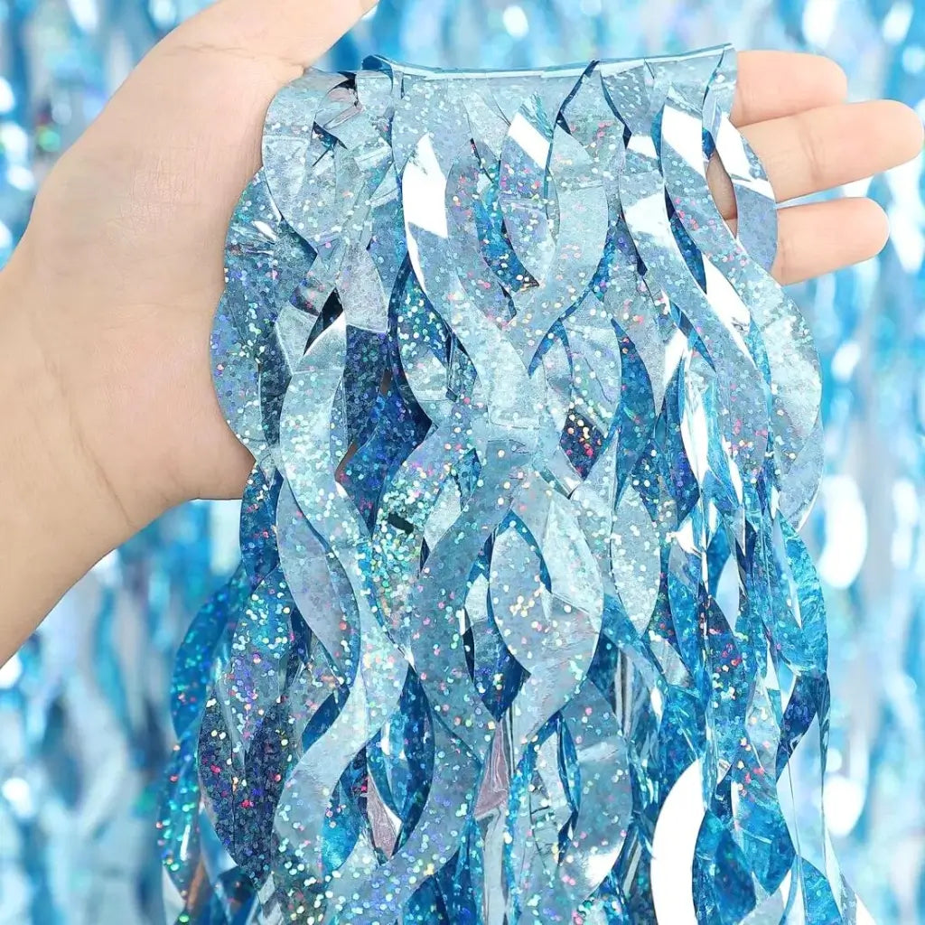 Laser Glitter Wavy Light Blue Tinsel Fringe Foil Curtain