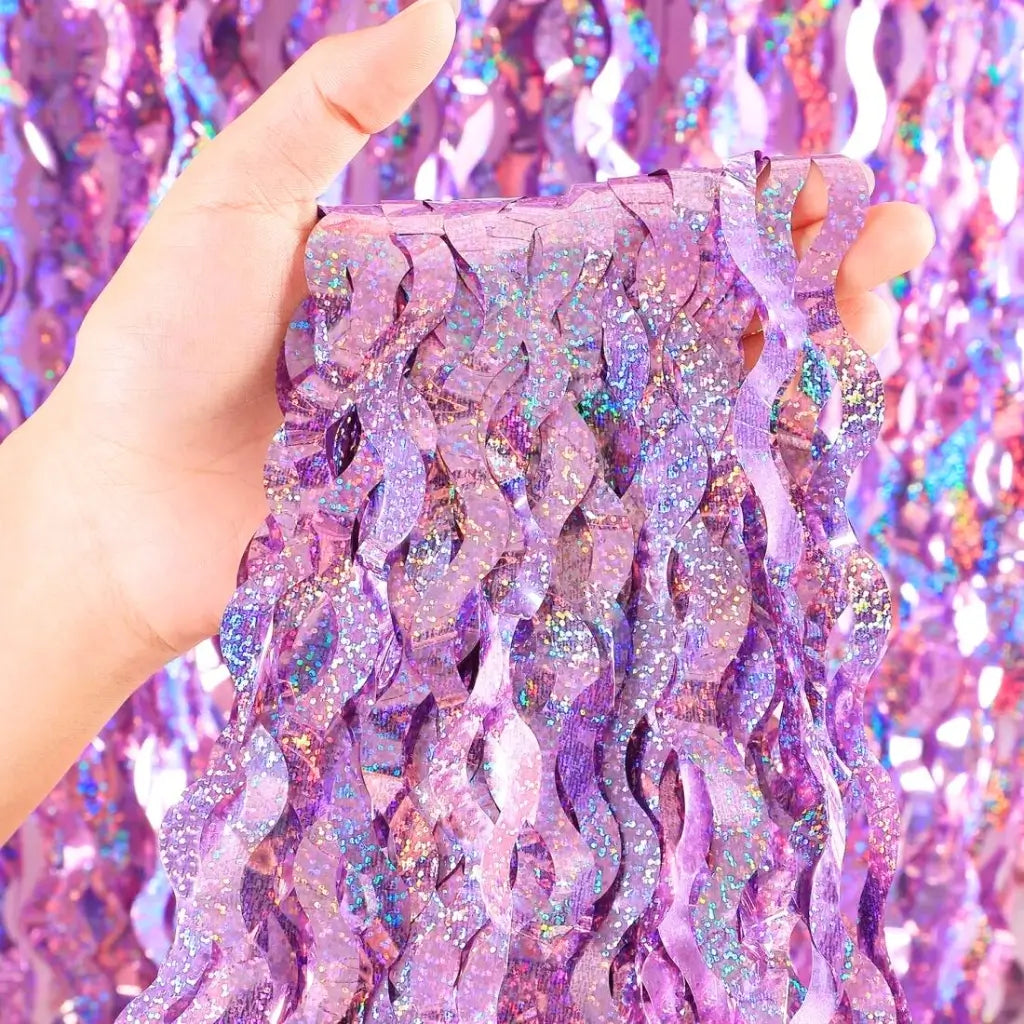 Laser Glitter Wavy Pink Tinsel Fringe Foil Curtain