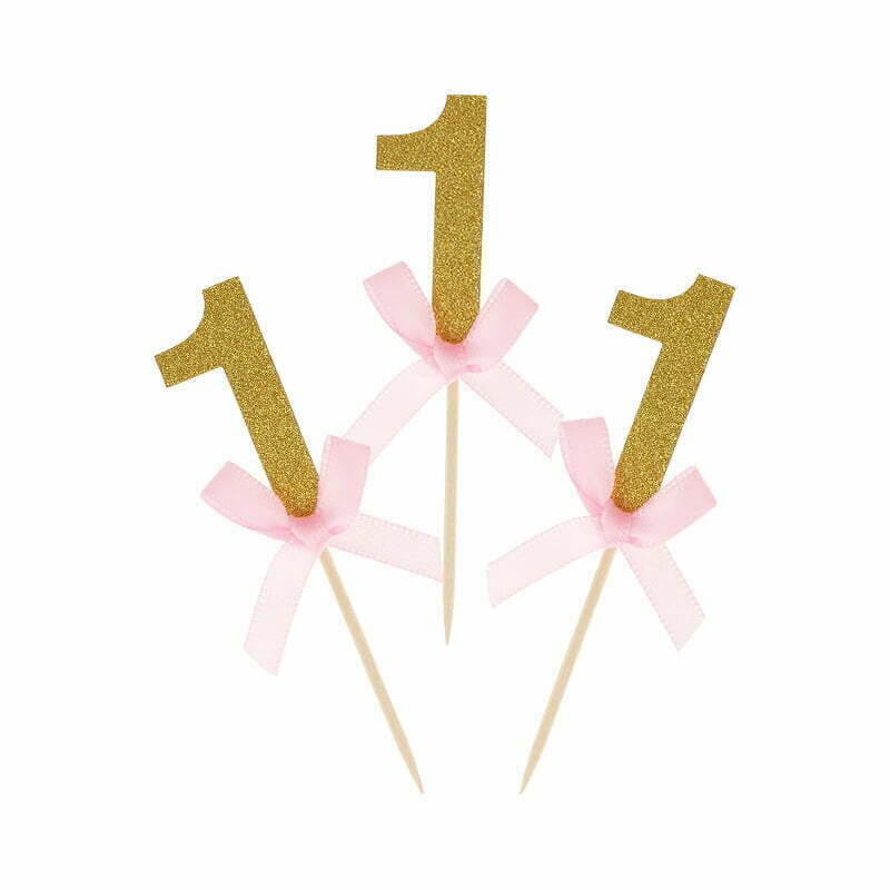 Gold Glitter Age One Paper Pink Ribbon Cupcake Toppers 10pk