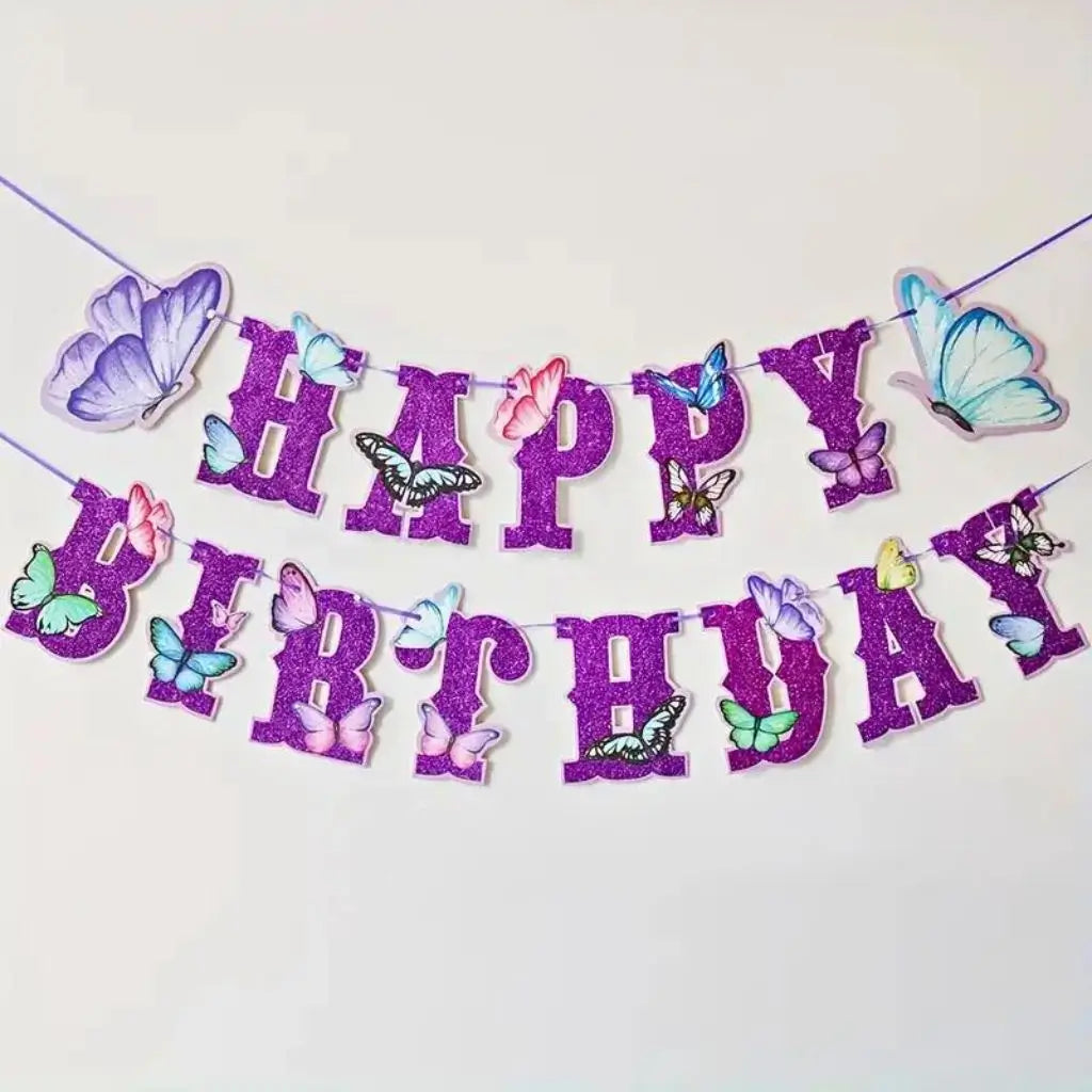 Glitter Purple Happy Birthday Butterfly Paper Banner