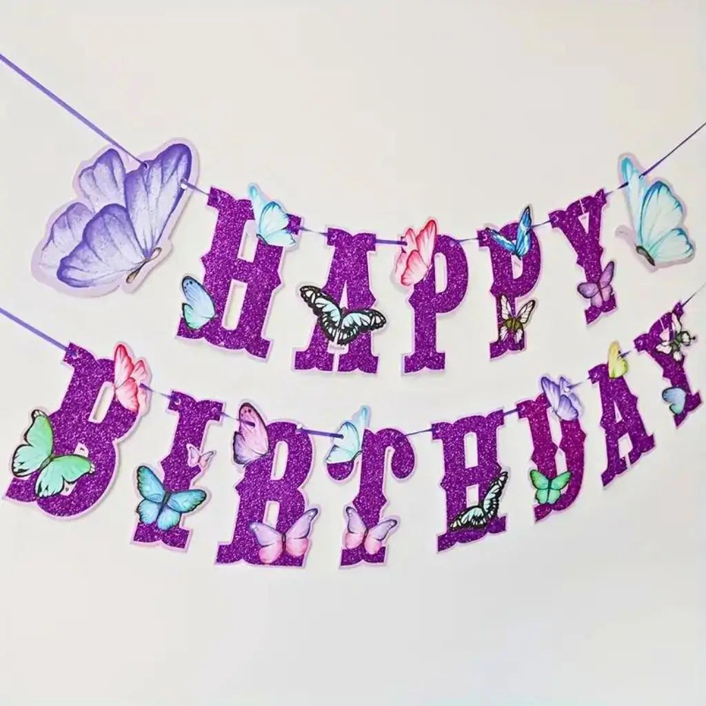 Glitter Purple Happy Birthday Butterfly Paper Banner