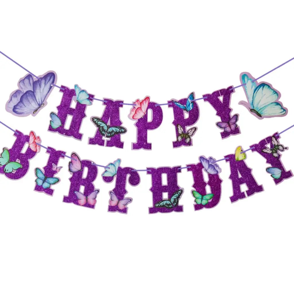 Glitter Purple Happy Birthday Butterfly Paper Banner