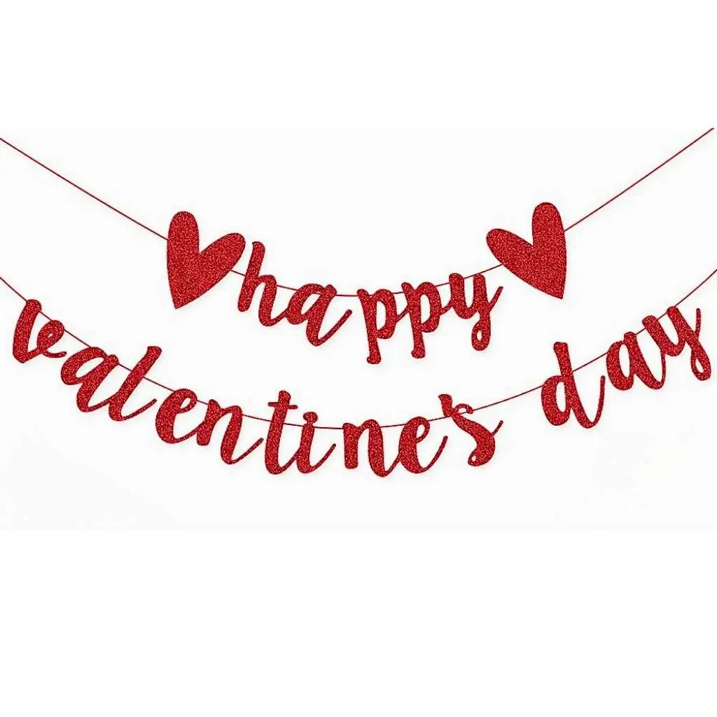 Glitter red Happy Valentine’s Day banner with heart garland