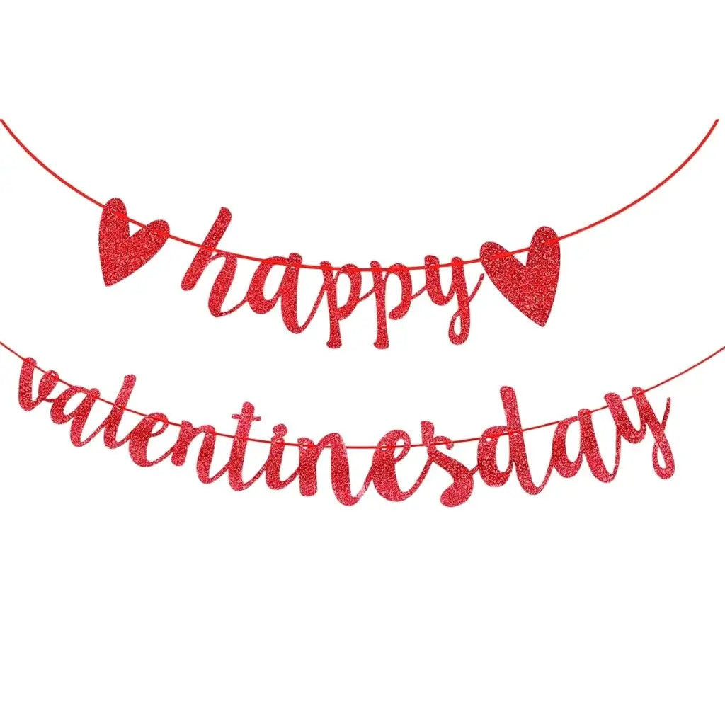 Romantic glitter red Happy Valentine’s Day banner with hearts