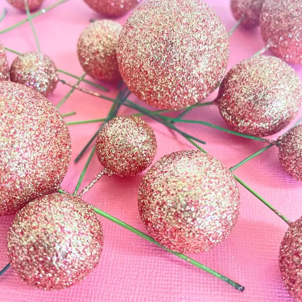 Glitter Rose Gold Foam Ball Cake Topper Set 20pk