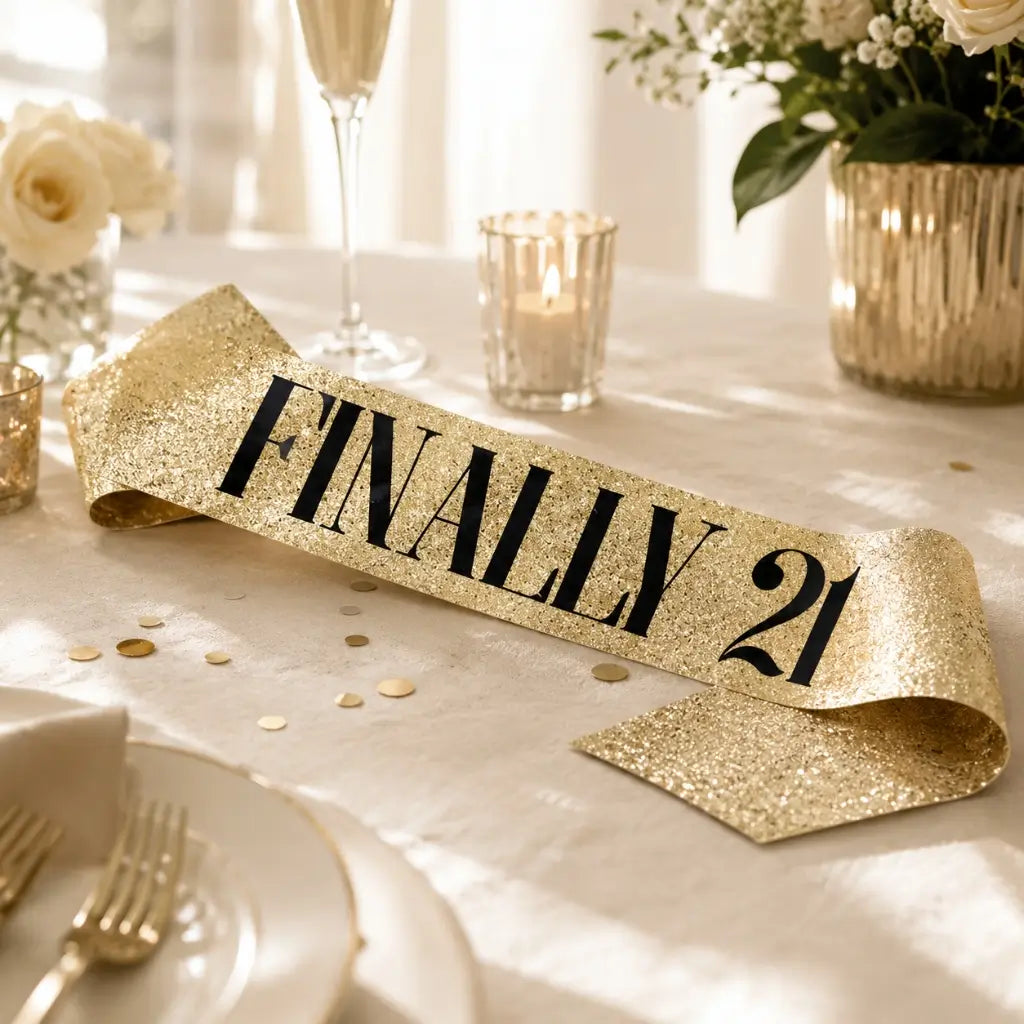 Deluxe Glitter Champagne Gold FINALLY 21 Party Sash - Black Foil Print
