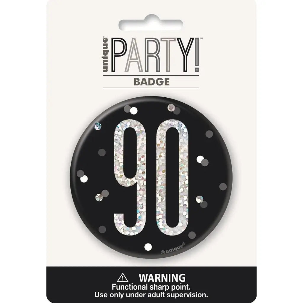 Glitz Black 90th Birthday Badge with holographic silver 90 design