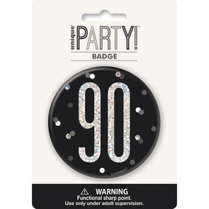 Glitz Black 90th Birthday Badge with holographic silver 90 design